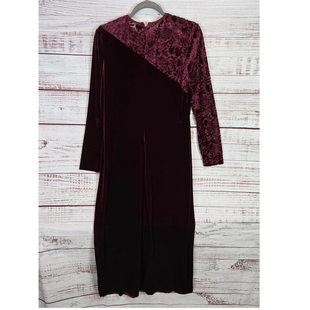 Coldwater Creek Vtg Velvet Lace Burgandy Midi Dress 10 Long Sleeve Romantic Vamp